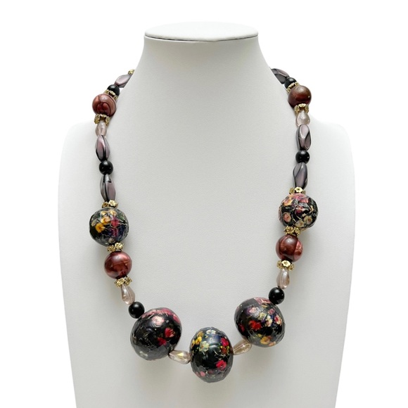 Vintage Jewelry - Vintage Black Purple Floral Glass Papier-mâché Beaded Funky Necklace Handmade